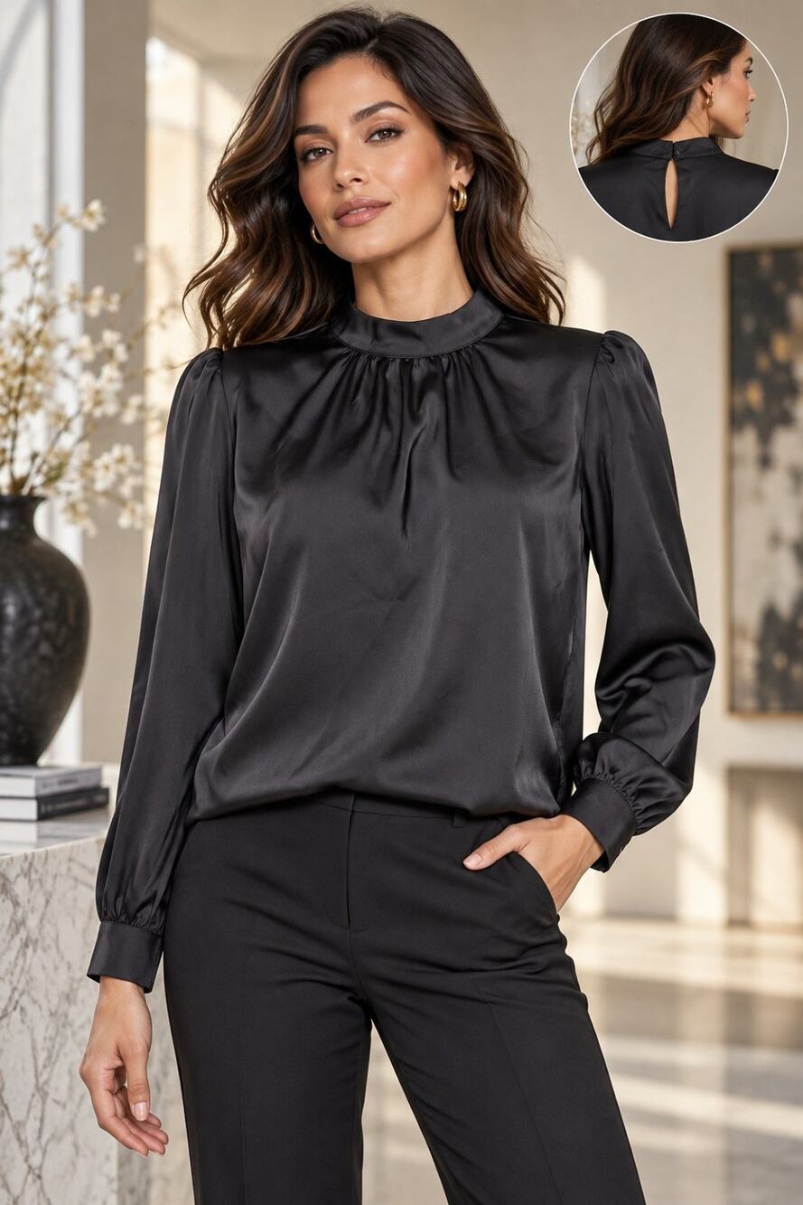Calvin Klein Small Black Mock Neck Gathered Long Sleeve Blouse NWT